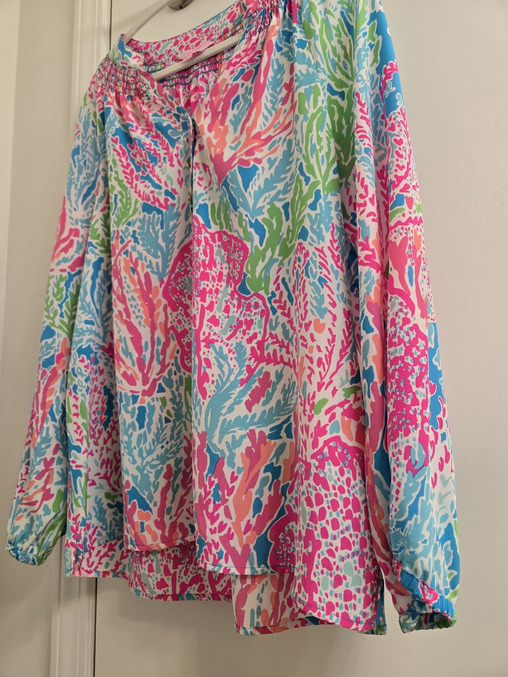 Lilly Pulitzer Elsa Silk Top Let's Cha Cha Pink Multi Coral-Print, Size L - Picture 8 of 15